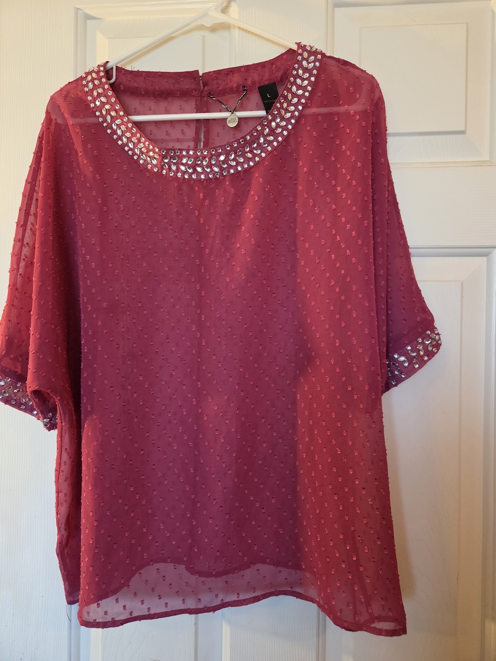 Embellished Sheer Dot Blouse - Raspberry